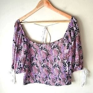 Free People Puff Sleeve Crop floral blouse String tie back lilac pink SZ L
